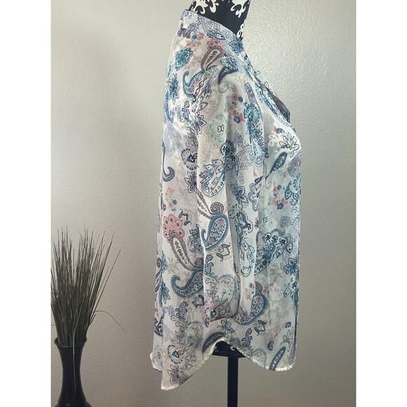 Almost Famous Boho Blouse,Wrinkle Resistant, Three-Quarter Sleeve, Aqua, White S - Picture 7 of 11